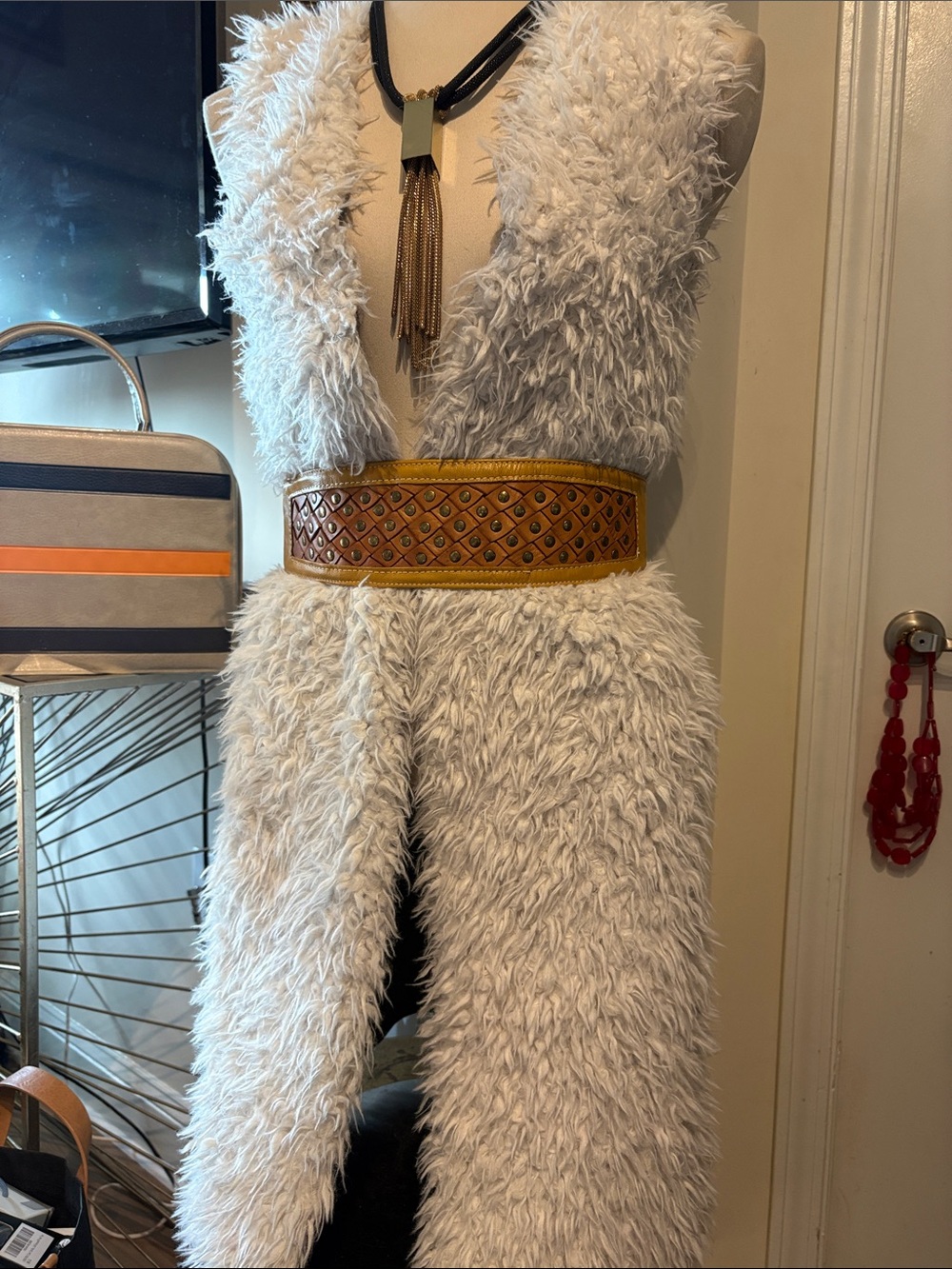Long Faux Fur Open-Front Reversible Vest in Cream and Brown